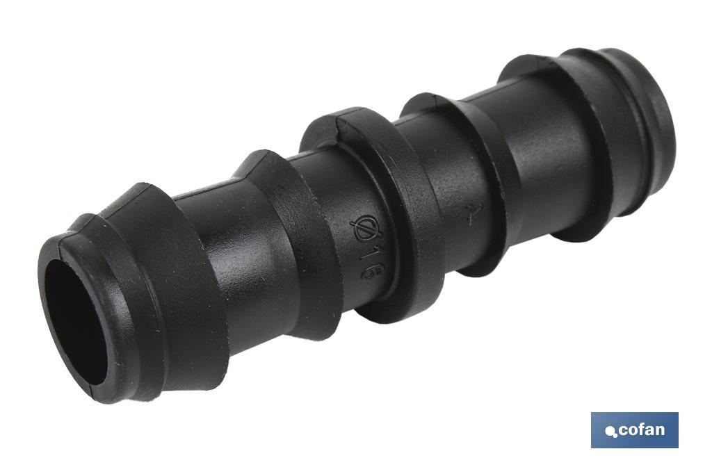 Empalme recto negro para riego por goteo 16 mm de diámetro | Uso recomendado para Jardinería y Agricultura